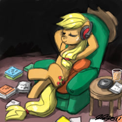 Size: 900x900 | Tagged: safe, artist:johnjoseco, character:applejack, female, headphones, music, solo