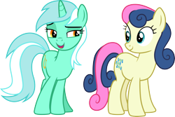 Size: 4478x3000 | Tagged: safe, artist:cloudyglow, artist:parclytaxel, character:bon bon, character:lyra heartstrings, character:sweetie drops, species:earth pony, species:pony, species:unicorn, episode:slice of life, g4, my little pony: friendship is magic, .ai available, absurd resolution, adorabon, cute, female, looking at each other, lyrabetes, mare, simple background, smiling, transparent background, vector