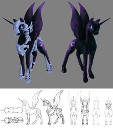 Size: 904x1024 | Tagged: safe, artist:silfoe, character:nightmare moon, character:princess luna, species:alicorn, species:pony, armor, bald, bird's eye view, concept art, female, front view, glare, gray background, horn, journey of the spark, mare, missing accessory, no armor, no tail, realistic horse legs, rear view, redesign, side view, simple background, sketch, slit eyes, solo, spread wings, white background, wings
