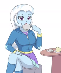 Size: 1280x1521 | Tagged: safe, artist:sumin6301, character:trixie, my little pony:equestria girls, cake, clothing, crossed legs, cup, female, food, hoodie, legs, looking at you, open mouth, schrödinger's pantsu, solo, tea, teacup, thighs