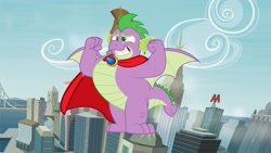 Size: 1280x720 | Tagged: safe, artist:abion47, artist:aleximusprime, artist:disneymarvel96, edit, character:spike, species:dragon, brooch, cape, chubby spike, city, clothing, flying, male, manehattan, muscles, older, older spike, solo, superhero, superman, vector, vector edit, winged spike