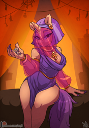 Size: 910x1300 | Tagged: safe, artist:atryl, oc, oc only, oc:oasis shade, species:anthro, species:pony, species:unicorn, ankh, bedroom eyes, breasts, caravan, cleavage, dice, ear piercing, earring, egyptian, female, jewelry, looking at you, necklace, patreon, patreon logo, piercing, sitting, solo, veil, wide hips