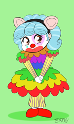 Size: 600x1000 | Tagged: safe, artist:empyu, character:cozy glow, derpibooru, my little pony:equestria girls, 30 minute art challenge, animal crossing, clothing, clown, clown makeup, clown nose, clowny glow, cosplay, costume, equestria girls-ified, female, green background, juxtaposition, juxtaposition win, meme, meta, pietro (animal crossing), simple background, solo