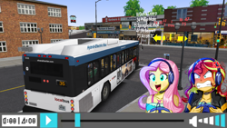 Size: 1366x768 | Tagged: safe, artist:electrahybrida, artist:the-butch-x, character:fluttershy, character:sunset shimmer, episode:game stream, g4, my little pony: equestria girls, my little pony:equestria girls, spoiler:eqg series (season 2), bus, bus stop, cayuga, cayuga and northern transit authority, driving, gamer sunset, gamershy, gillig advantage, green light, omsi, omsi 2, pc game, rageset shimmer, route arrows, simulation, simulator, star trek, star trek: discovery, sunset frustrated at game, sunset shimmer frustrated at game, this will end in accidents, this will end in lawsuits, traffic light, video game