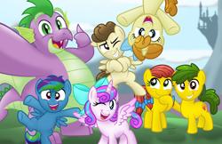 Size: 1600x1036 | Tagged: safe, artist:aleximusprime, character:pound cake, character:princess flurry heart, character:pumpkin cake, character:spike, oc, oc:annie smith, oc:apple chip, oc:storm streak, parent:applejack, parent:oc:thunderhead, parent:rainbow dash, parent:tex, parents:canon x oc, parents:texjack, species:alicorn, species:dragon, species:earth pony, species:pegasus, species:pony, species:unicorn, bow, canterlot, cartoon physics, chubby, chubby spike, cute, fat, fat spike, filly, filly flurry heart, flurry heart's story, goofing off, group photo, laughing, next gen mane six, next generation, offspring, older, older flurry heart, older pound cake, older pumpkin cake, older spike, pigtails, plump, selfie, silly, thumbs up, winged spike, winking at you