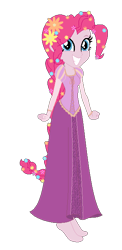 Size: 326x670 | Tagged: safe, artist:allegro15, artist:selenaede, base used, character:pinkie pie, species:human, my little pony:equestria girls, alternate hairstyle, barefoot, clothing, crossover, disney, disney princess, dress, feet, flower, flower in hair, gown, ponytail, rapunzel, simple background, transparent background