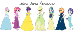 Size: 1842x798 | Tagged: safe, artist:allegro15, artist:selenaede, base used, character:applejack, character:fluttershy, character:pinkie pie, character:rainbow dash, character:rarity, character:sunset shimmer, character:twilight sparkle, character:twilight sparkle (alicorn), character:twilight sparkle (eqg), species:alicorn, species:eqg human, species:human, species:pony, my little pony:equestria girls, aladdin, alternate hairstyle, arrow, barefoot, barely eqg related, beauty and the beast, belle, bow (weapon), brave, brave (movie), cinderella, cindershy, clothing, crossover, crown, disney, disney princess, dress, ear piercing, earring, fa mulan, feet, flower, flower in hair, gloves, gown, jewelry, lantern, merida, mulan, necklace, piercing, ponytail, princess belle, rapunzel, regalia, shoes, simple background, the princess and the frog, tiana, transparent background