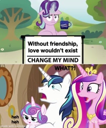 Size: 1000x1200 | Tagged: safe, artist:aleximusprime, edit, edited screencap, screencap, character:princess cadance, character:princess flurry heart, character:shining armor, character:starlight glimmer, species:alicorn, species:pony, species:unicorn, episode:once upon a zeppelin, g4, my little pony: friendship is magic, :i, change my mind, chocolate, crown, cup, food, funny, hot chocolate, i mean i see, jewelry, mematic, meme, reaction image, regalia, varying degrees of what