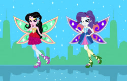 Size: 1176x753 | Tagged: safe, artist:karalovely, artist:selenaede, base used, character:rarity, oc, oc:kara lovely, species:human, my little pony:equestria girls, alternate hairstyle, barbie, barbie a fairy secret, barely eqg related, clothing, crossover, dress, fairies, fairies are magic, fairy, fairy wings, fairyized, hairpin, hairstyle, high heels, jewelry, necklace, shoes, sleeveless, socks, stockings, thigh highs, wings