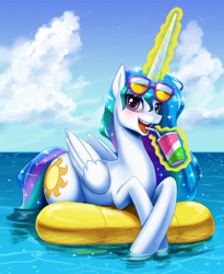 Size: 1200x1460 | Tagged: safe, artist:johnjoseco, character:princess celestia, species:alicorn, species:pony, blushing, cloud, cute, cutelestia, drink, drinking, female, floaty, glowing horn, happy, hooves in the water, horn, inflatable, looking at you, magic, mare, open mouth, pool toy, solo, summer, sunglasses, telekinesis, tube, water, wet mane
