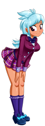 Size: 604x1696 | Tagged: safe, artist:the-butch-x, character:frosty orange, my little pony:equestria girls, breasts, busty frosty orange, clothing, crystal prep academy uniform, cute, female, kneesocks, looking at you, plaid skirt, pleated skirt, school uniform, simple background, skirt, smiling, socks, solo, transparent background