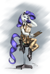 Size: 1368x2000 | Tagged: safe, alternate version, artist:baron engel, artist:catd-nsfw, edit, character:rarity, species:anthro, species:pony, species:unicorn, belt, boots, clipboard, clothing, color edit, colored, female, gun, headset, office chair, open mouth, pants, pp-2000, rig, shoes, solo, submachinegun, uniform, weapon