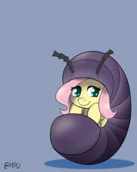 Size: 800x1000 | Tagged: safe, artist:empyu, character:fluttershy, species:pegasus, species:pony, :t, animal costume, clothing, colored pupils, costume, cute, female, gray background, insect, looking at you, mare, pillbug, shyabetes, simple background, smiling, solo