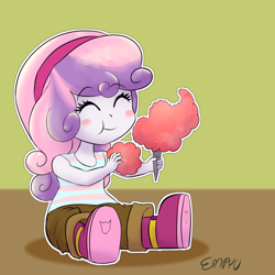Size: 1000x1000 | Tagged: safe, artist:empyu, character:sweetie belle, my little pony:equestria girls, 30 minute art challenge, :t, blushing, boots, cotton candy, cute, dawwww, diasweetes, eating, eyes closed, female, shoes, sitting, smiling, solo, weapons-grade cute, younger
