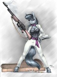 Size: 1492x2000 | Tagged: safe, artist:baron engel, artist:catd-nsfw, edit, character:octavia melody, species:anthro, species:earth pony, species:pony, assault rifle, bar m1918, bow tie, brass case, browning automatic rifle, bullet, clothing, color edit, colored, colt monitor, female, guitar case, gun, hat, looking at you, mafia, mafia octavia, pants, rifle, simple background, smiling, smoke, solo, weapon