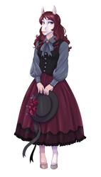 Size: 1809x3181 | Tagged: safe, artist:askbubblelee, oc, oc only, oc:marionette, species:anthro, species:earth pony, species:pony, species:unguligrade anthro, anthro oc, blouse, bow, clothing, coat markings, colored, cute, dress, ear piercing, earth pony oc, eyelashes, eyeshadow, female, flower, hat, hooves, lips, lolita fashion, makeup, mare, piercing, ribbon, rose, smiling, vest