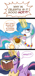 Size: 700x1527 | Tagged: safe, artist:johnjoseco, character:princess celestia, character:twilight sparkle, character:twilight sparkle (alicorn), species:alicorn, species:pony, episode:the last problem, g4, my little pony: friendship is magic, book, coconut, comic, dialogue, flower, food, glowing horn, hair over one eye, horn, magic, older, older twilight, open mouth, princess twilight 2.0, simple background, speech bubble, telekinesis, turned head, white background