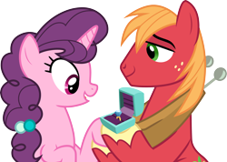 Size: 4220x3000 | Tagged: safe, artist:cloudyglow, character:big mcintosh, character:sugar belle, species:earth pony, species:pony, species:unicorn, ship:sugarmac, episode:the big mac question, g4, my little pony: friendship is magic, .ai available, female, freckles, high res, holding hands, jewelry, male, mare, marriage proposal, ring, shipping, simple background, stallion, straight, transparent background, vector