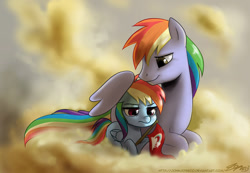 Size: 1100x762 | Tagged: safe, artist:johnjoseco, character:rainbow blaze, character:rainbow dash, species:pegasus, species:pony, episode:games ponies play, g4, my little pony: friendship is magic, blank flank, cloud, crying, duo, father and daughter, female, filly, foal, hooves, hug, lying on a cloud, male, on a cloud, prone, stallion, winghug, wings