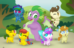 Size: 1280x829 | Tagged: safe, artist:aleximusprime, character:pound cake, character:princess flurry heart, character:pumpkin cake, character:spike, oc, oc:annie smith, oc:apple chip, oc:storm streak, parent:applejack, parent:rainbow dash, parent:tex, parents:texjack, parents:thunderdash, species:alicorn, species:dragon, species:earth pony, species:pegasus, species:pony, species:unicorn, adult, adult spike, aleximusprime is trying to murder us, alternate mane six, chibi, chubby, chubby spike, cute, diabetes, fat, fat spike, group, looking at you, next generation, offspring, older, older pound cake, older pumpkin cake, older spike, one eye closed, plump, pudgy, so cute it kills you, wink