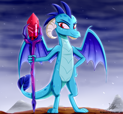 Size: 1871x1742 | Tagged: safe, artist:the-butch-x, character:princess ember, species:dragon, bloodstone scepter, digital art, dragon lord ember, dragoness, female, smiling, solo