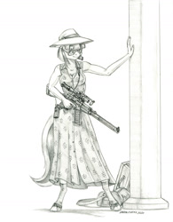 Size: 1100x1407 | Tagged: safe, artist:baron engel, character:coco pommel, species:anthro, species:earth pony, species:pony, species:unguligrade anthro, bag, clothing, dress, female, gun, hat, headset mic, hoof shoes, mare, monochrome, pencil drawing, solo, story included, sundress, sunglasses, traditional art, vss vintorez, weapon