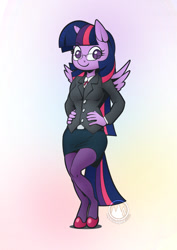 Size: 955x1351 | Tagged: safe, artist:mysticalpha, character:twilight sparkle, character:twilight sparkle (alicorn), species:alicorn, species:anthro, species:pony, species:unguligrade anthro, g4, belt, business suit, clothing, cravat, female, glasses, hands on hip, hoof shoes, mare, skirt, smiling, solo, spread wings, stockings, thigh highs, wings