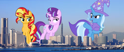 Size: 4000x1679 | Tagged: safe, artist:8-notes, artist:cloudyglow, artist:starlessnight22, artist:theotterpony, edit, character:starlight glimmer, character:sunset shimmer, character:trixie, species:pony, species:unicorn, female, giant pony, giant starlight glimmer, giant trixie, giant unicorn, giant/macro sunset shimmer, highrise ponies, macro, mare, mega trixie, trio, vector, vector edit