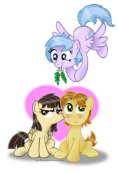 Size: 1024x1484 | Tagged: safe, artist:aleximusprime, character:wild fire, oc, oc:mandopony, oc:sleepy skies, species:earth pony, species:pegasus, species:pony, blushing, female, heart, imminent kissing, kiss on the cheek, kissing, male, mandofire, mare, mistletoe, mouth hold, shipper on deck, simple background, stallion, straight, transparent background, unamused, wild fire is not amused