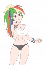 Size: 1654x2339 | Tagged: safe, artist:sumin6301, edit, editor:michaelsety, character:rainbow dash, species:human, my little pony:equestria girls, belly button, breasts, busty rainbow dash, clothing, color edit, colored, female, human coloration, humanized, light skin edit, looking at you, open mouth, sexy, simple background, solo, sports bra, sports panties, stupid sexy rainbow dash, white background