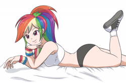 Size: 2458x1621 | Tagged: safe, artist:sumin6301, edit, editor:michaelsety, character:rainbow dash, species:human, my little pony:equestria girls, breasts, busty rainbow dash, clothing, color edit, colored, converse, female, human coloration, humanized, light skin edit, looking at you, open mouth, sexy, shoes, simple background, solo, sports bra, sports panties, stupid sexy rainbow dash, white background