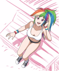 Size: 1968x2338 | Tagged: safe, artist:sumin6301, edit, editor:michaelsety, character:rainbow dash, species:human, my little pony:equestria girls, adorasexy, belly button, breasts, busty rainbow dash, cleavage, color edit, colored, converse, cute, female, human coloration, humanized, light skin edit, looking at you, looking up, open mouth, sexy, shoes, simple background, sitting, solo, stupid sexy rainbow dash, white background