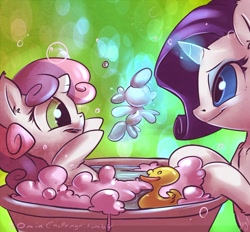 Size: 1000x927 | Tagged: safe, artist:atryl, character:rarity, character:sweetie belle, species:pony, species:unicorn, bath, bubble, cute, diasweetes, duo, female, filly, magic, mare, open mouth, rubber duck, smiling, water