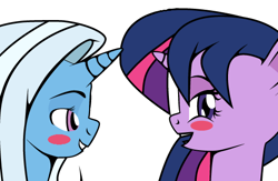 Size: 512x334 | Tagged: safe, artist:dekomaru, edit, character:trixie, character:twilight sparkle, ship:twixie, blushing, cropped, female, lesbian, shipping