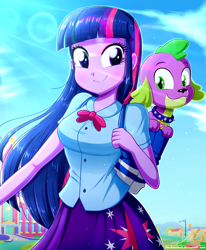 Size: 1784x2163 | Tagged: safe, artist:the-butch-x, character:spike, character:twilight sparkle, character:twilight sparkle (eqg), species:dog, species:eqg human, my little pony:equestria girls, canterlot high, clothing, cute, cutie mark, redraw, rework, skirt, spikabetes, spike the dog, twiabetes