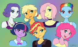 Size: 1200x720 | Tagged: safe, artist:empyu, character:applejack, character:fluttershy, character:pinkie pie, character:rainbow dash, character:rarity, character:sunset shimmer, character:twilight sparkle, character:twilight sparkle (eqg), species:eqg human, my little pony:equestria girls, alternate hairstyle, choker