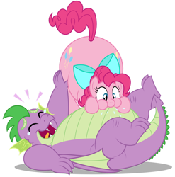 Size: 1280x1295 | Tagged: safe, artist:aleximusprime, character:pinkie pie, character:spike, species:dragon, species:earth pony, species:pony, adult, adult spike, belly, blowing, bow, chubbie pie, chubby, chubby spike, fanfic art, fat, fat spike, female, flurry heart's story, laughing, male, mare, older, older spike, onomatopoeia, plump, pudgy pie, raspberry, silly, simple background, tears of laughter, teary eyes, transparent background, tummy buzz, winged spike