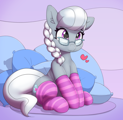 Size: 2708x2641 | Tagged: safe, artist:pabbley, character:silver spoon, species:earth pony, species:pony, clothing, cute, cutie mark, female, filly, glasses, heart, pillow, silverbetes, socks, solo, striped socks