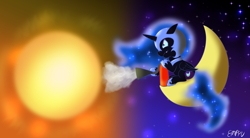 Size: 1200x660 | Tagged: safe, artist:empyu, character:nightmare moon, character:princess luna, species:alicorn, species:pony, 30 minute art challenge, armor, chibi, crescent moon, female, fire extinguisher, moon, sitting, solo, sun