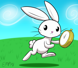 Size: 1000x867 | Tagged: safe, artist:empyu, character:angel bunny, species:rabbit, 30 minute art challenge, alice in wonderland, animal, pocket watch, reference, running, white rabbit