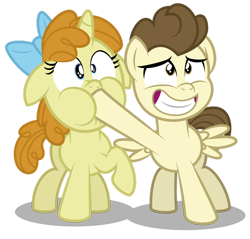 Size: 1280x1226 | Tagged: safe, artist:aleximusprime, character:pound cake, character:pumpkin cake, species:pegasus, species:pony, species:unicorn, bow, cake twins, colt, female, filly, floppy ears, flurry heart's story, grin, hair bow, hoof in mouth, male, nervous, nervous grin, older, older pound cake, older pumpkin cake, raised hoof, siblings, simple background, smiling, transparent background, twins