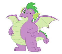 Size: 1280x1133 | Tagged: safe, artist:aleximusprime, character:spike, species:dragon, g4, adult, adult spike, belly, chubby, cute, fat, fat spike, flurry heart's story, hand on belly, looking at you, male, older, older spike, one eye closed, plump, simple background, solo, transparent background, winged spike, wings, wink, winking at you