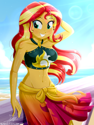 Size: 1430x1900 | Tagged: safe, artist:the-butch-x, character:sunset shimmer, species:eqg human, g4, my little pony: equestria girls, my little pony:equestria girls, adorasexy, arm behind head, beach, beautiful, beautisexy, belly button, bikini, blushing, breasts, busty sunset shimmer, clothing, cloud, crepuscular rays, cute, cutie mark, cutie mark on clothes, exposed belly, female, happy, leaning back, multicolored hair, ocean, outdoors, pier, sand, sarong, sexy, shimmerbetes, shiny skin, sky, smiling, solo, standing, summer, summer sunset, sunlight, swimsuit, teal eyes