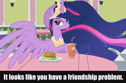 Size: 2029x1338 | Tagged: safe, artist:cloudyglow, artist:decprincess, artist:drakizora, edit, character:twilight sparkle, character:twilight sparkle (alicorn), species:alicorn, species:pony, episode:the last problem, g4, my little pony: friendship is magic, burger, flowing mane, food, hay burger, introvert's nightmare, looking at you, princess twilight 2.0, soda, spread wings, text, twilight burgkle, vector, vector edit, wings