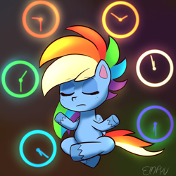 Size: 1000x1000 | Tagged: safe, artist:empyu, character:rainbow dash, species:pegasus, species:pony, g4, my little pony:pony life, clock, crossed legs, eyes closed, female, mare, meditation, solo, time