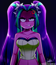Size: 1060x1220 | Tagged: safe, artist:the-butch-x, character:aria blaze, species:eqg human, equestria girls:rainbow rocks, g4, my little pony: equestria girls, my little pony:equestria girls, angry, bare shoulders, blushing, breasts, busty aria blaze, cleavage, clothing, cross-popping veins, digital art, female, frown, glare, gradient background, gritted teeth, looking at you, pigtails, remake, signature, sleeveless, solo, strapless, tube top, twintails