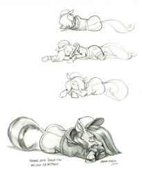 Size: 1100x1343 | Tagged: safe, artist:baron engel, character:marble pie, species:earth pony, species:pony, g4, cap, clothing, female, hat, jacket, mare, monochrome, pencil drawing, sleeping, style emulation, traditional art