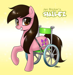 Size: 1100x1134 | Tagged: safe, artist:johnjoseco, oc, oc only, oc:smilez, amputee, disabled, jen bricker, ponified, smiling, solo, wheelchair