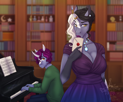Size: 3030x2505 | Tagged: safe, artist:askbubblelee, oc, oc only, oc:keystone quartz, oc:starling quartz, species:anthro, species:pony, species:unguligrade anthro, species:unicorn, g4, anthro oc, big breasts, bookshelf, breasts, cleavage, clothing, digital art, female, horn, letter, lipstick, male, mare, mother and child, mother and son, musical instrument, piano, story in the source, unicorn oc