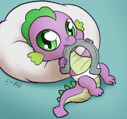 Size: 1000x933 | Tagged: safe, artist:empyu, character:spike, species:dragon, g4, baby, baby dragon, baby spike, cute, cute little fangs, diaper, fangs, horseshoes, looking at you, male, nom, pillow, solo, spikabetes, weapons-grade cute, younger